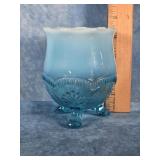 BLUE OPALESCENT MANILA  GLASS FOOTED VASE