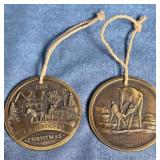 TWO JOHN DEERE ANTIQUE BRASS CHRISTMAS ORNAMENTS
