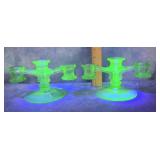 PAIR OF CAMBRIDGE GLASS 3-LIGHT URANIUM CANDLEABRA