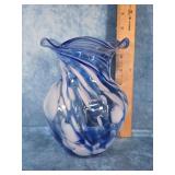 BLUE & WHITE RUFFLED RIM GLASS VASE