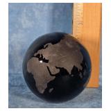 BLACK GLASS WORLD GLOBE PAPERWEIGHT IN BOX