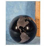 BLACK GLASS WORLD GLOBE PAPERWEIGHT IN BOX