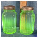 TWO GREEN URANIUM GLASS JARS / SHAKERS