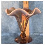 FENTON FOOTED FINE RIB PINK OPALESCENT GLASS VASE