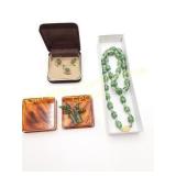 Jade Color Necklace Set, Brooch, Stone Bead