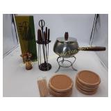 Vntg Fondue Set & Coctail PIcks, Coasters
