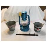 Dietz Lantern, Metal Buckets, Black Hook Rack
