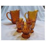 Amber Whitehall Indiana Glass Pitchers, Glasses