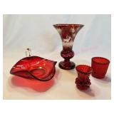 Vintage Czech Bohemian Etched Vase, Ruby Red Glass