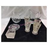 Glass Water Pitchers, Glasses, Etched Plate