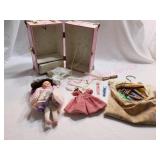 Vintage Doll With Case & Clothes Pins