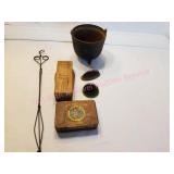 Cast 3 Foot Pot, Flower Frogs, Cigar Box, Coffin