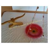 Pink Glass Hanging Bird Feeder, Carved Wood Bird