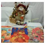 Fall Scarecrow Decoration on Straw, Harvest Flags