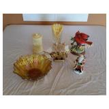 Carnival Glass Bowl, Faux Ivory Cocktail Picks