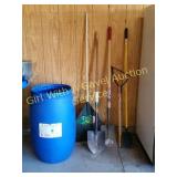 Barrel w/Rake, Shovels, Ice Chipper, Weed Wacker