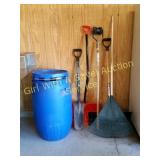 Barrel with Rake, Orange Shovel, Edger, Shovels