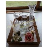 Glass Bird Paper Weight, Vase, Porcelain Flowers