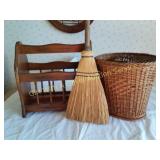 Magazine Rack, Wicker w/Pine Cones, Vntg Broom