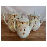 3 Halls Jewel Tea Autum Leaf Pitchers w/Lids