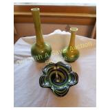 VINTAGE SWIRL GLASS DISH & POTTERY VASES