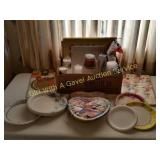 VARIETY OF PLASTIC CUPS, PLATES, TABLE COVERING