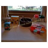 BLACK WALNUT SALD SET, GRATER, TUPPERWARE ETC