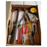 VARIETY OF HAND TOOLS, CHALK LINE, TAPE, PLIERS
