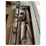 PIPE WRENCH, LEVEL, WRENCH, PLIERS, HAMMER