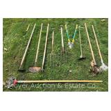 Group of Long Handled Tools, Pitchforks, Cultivators, Etc.