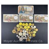 Group of Tokens, Foreign Coins and Paper Money
