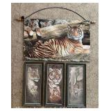 Tiger Wall Tapestry with 3 Framed Animal Prints