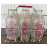 (6) Neelands Dairy Milk Bottles with Wire Carrier, One Quart, Red Lettering