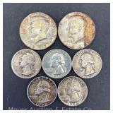 1967 and 1969 Kennedy Half Dollars and 5 Silver Washington Quarters