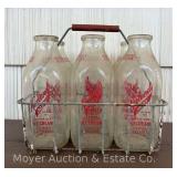 (6) Neelands Dairy Milk Bottles with Wire Carrier, One Quart, Red Lettering