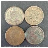 (4) Braided Hair Large Cent Coins, 1832, (2)1851 and 1856