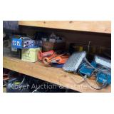 Group of Asst. Tools, Caulk Guns, Air Hose Reel, Window Insulation, Lights, Makita Chargers, Etc.
