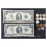 (2) $2 Bills, (7) Silver Roosevelt Dimes and 4 Wheat Pennies