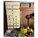 Group of Hand Tools and Hardware in Cabinet