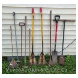 Group of Roof Rakes, Shovel, Post Hole Digger, Etc.