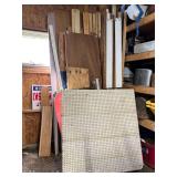 Group of Sheet Material, Boards, Metal Display Shelf with Pegboard Shelf, Etc.