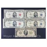 (2) $5 Silver Certificates, (2) $5 Red Seal Bills and 1934 $10 Bill
