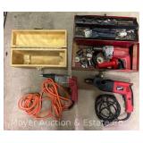 (2) Milwaukee Drills with Drywall Screw Gun, Metal Case, and Contents