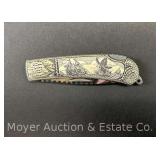 Sam McDowell 'Humpback Sky Hopping' Scrimshaw Carved Pocket Knife, 2006
