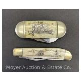 (2) Scrimshaw Style Carved Pocket Knives