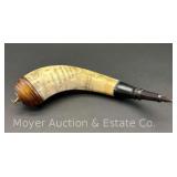 Decorative Scrimshawed Revolutionary War NY and Great Lakes Carved Map Powder Horn, 14' Long
