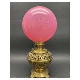 Bradley & Hubbard Brass Banquet Lamp, Pink Shade, Electrified, No Chimney, 20'h