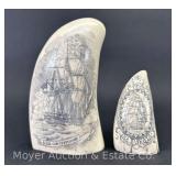 (2) Reproduction Decorative Scrimshawed 'Tusks' Depicting Ships, 3.5'-5.5'h