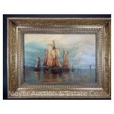 Painting on Canvas Depicting Ships in Bay, Nice Antique Gold Frame, 22.5'x29.5'