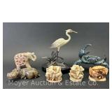 Group of Animal Figures, Metal Crane, Metal Crab, Stone Elephant, Hippo, and Harmony Kingdom Figures